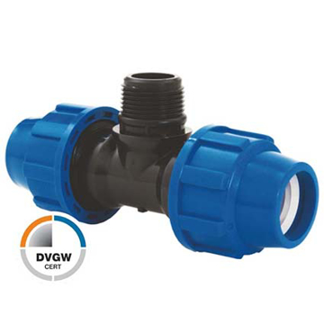 PP kompresioni T komad sa spoljnim navojem Poliext za PE cevi